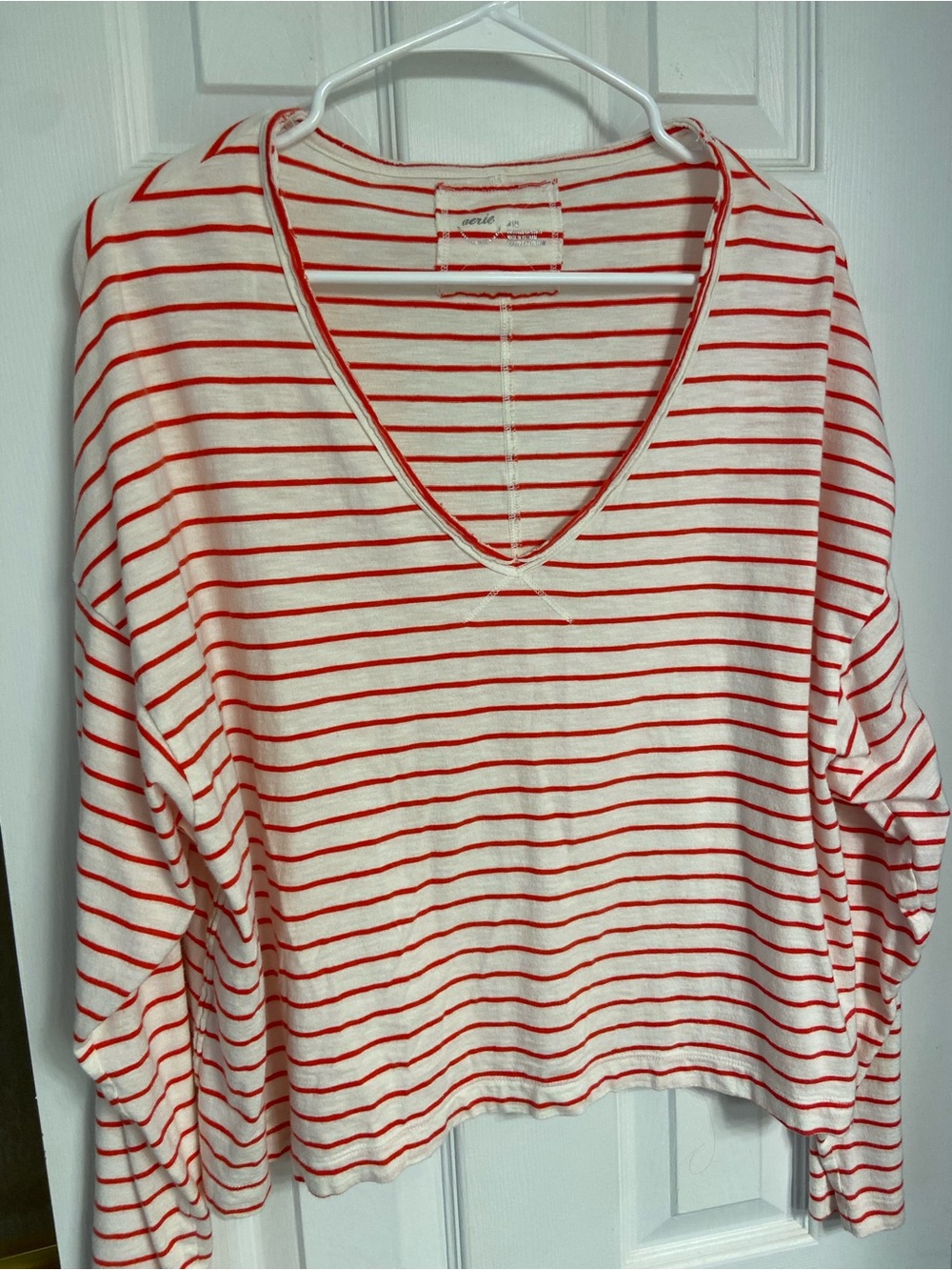 Aerie Striped V-Neck Long-Sleeve Women's Top - Red/White 100% Cotton